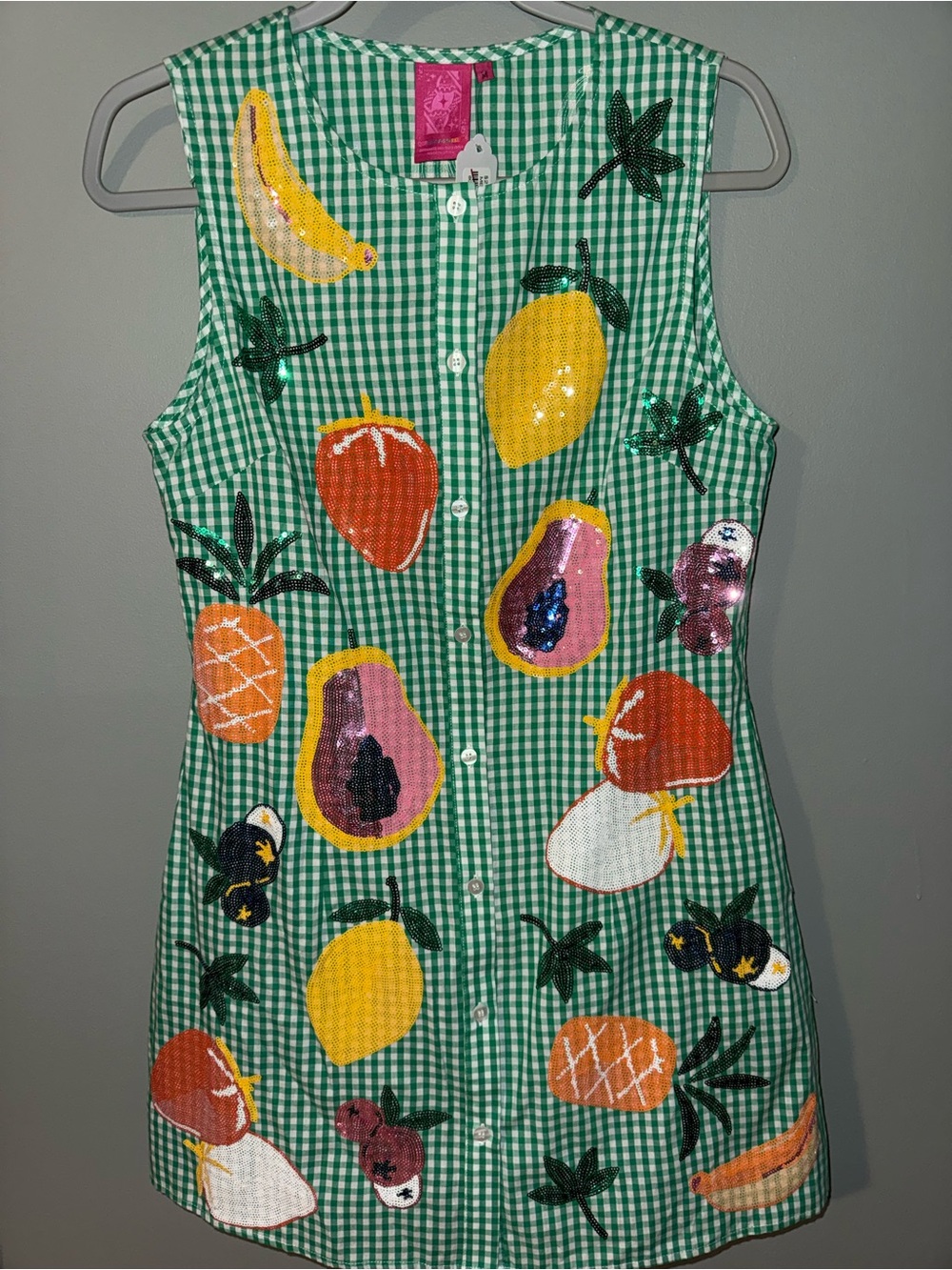 QUEEN OF SPARKLES Green Gingham Button-front Fruit dress